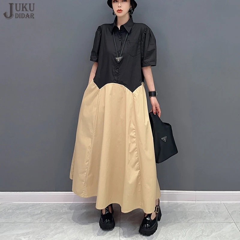 

Black Khaki Patchwork New Summer Woman Casual Wear Long Shirt Dress Loose Fit Big Size Girls Holiday Large Robe Style JJXD469