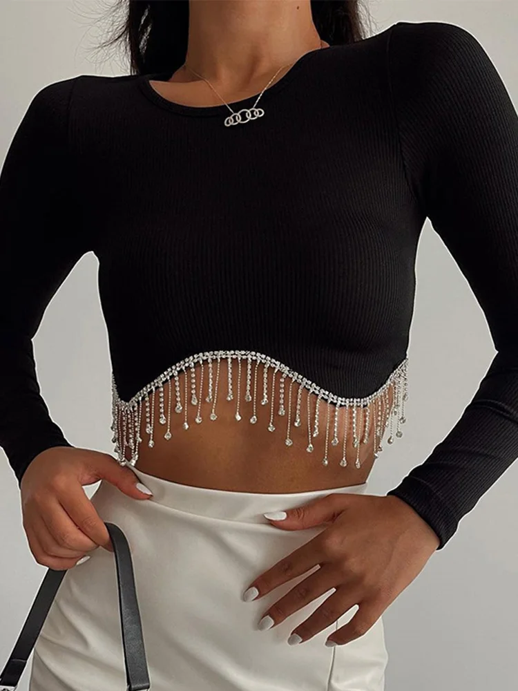

TARUXY 2023 New Tassel Cropped T-shirt O-Neck Slim Sexy Ladies Long Sleeve Pullover Top Shirts Black Ribbed Female Streetwear