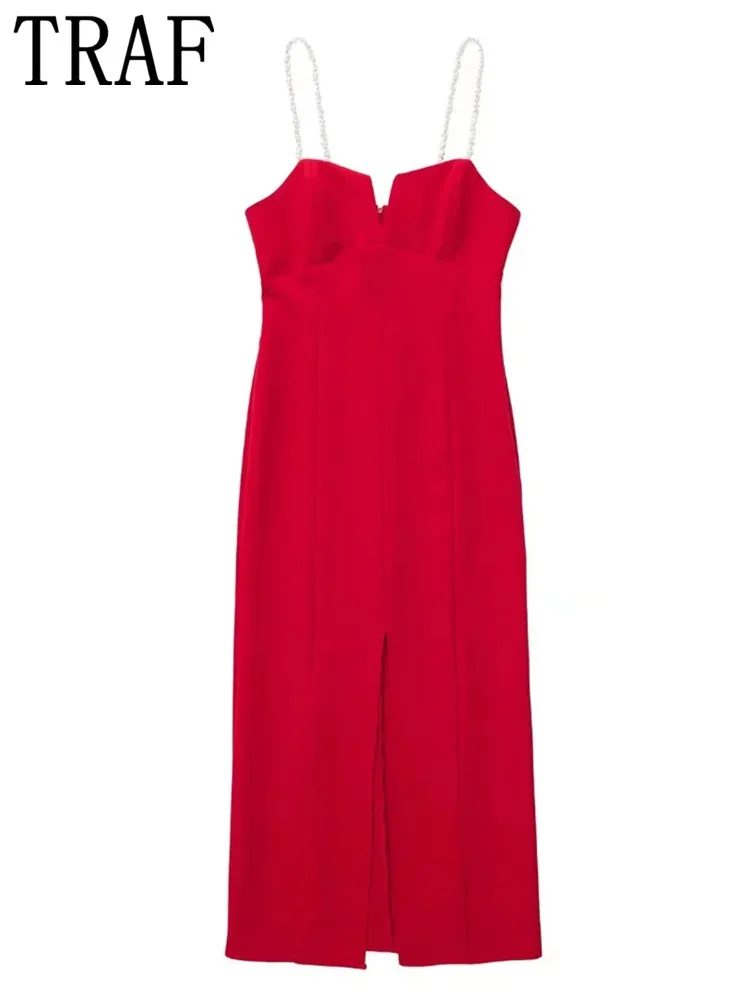 

TRAF Zar 2022 Faux Pearl Slip Dress Woman Red Elegant Long Dresses For Women Slit Sleeveless Party Dresses Midi Night Dress