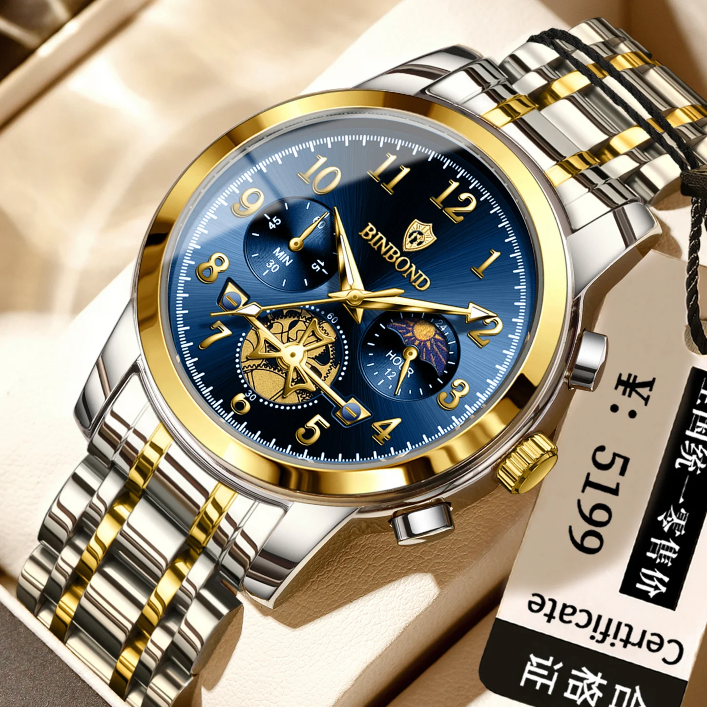 Фото Мужские часы BINBOND Original Accurate Quartz, роскошные, с хронографом, прочные, светящиеся, водонепроницаемые, повседневные. №1