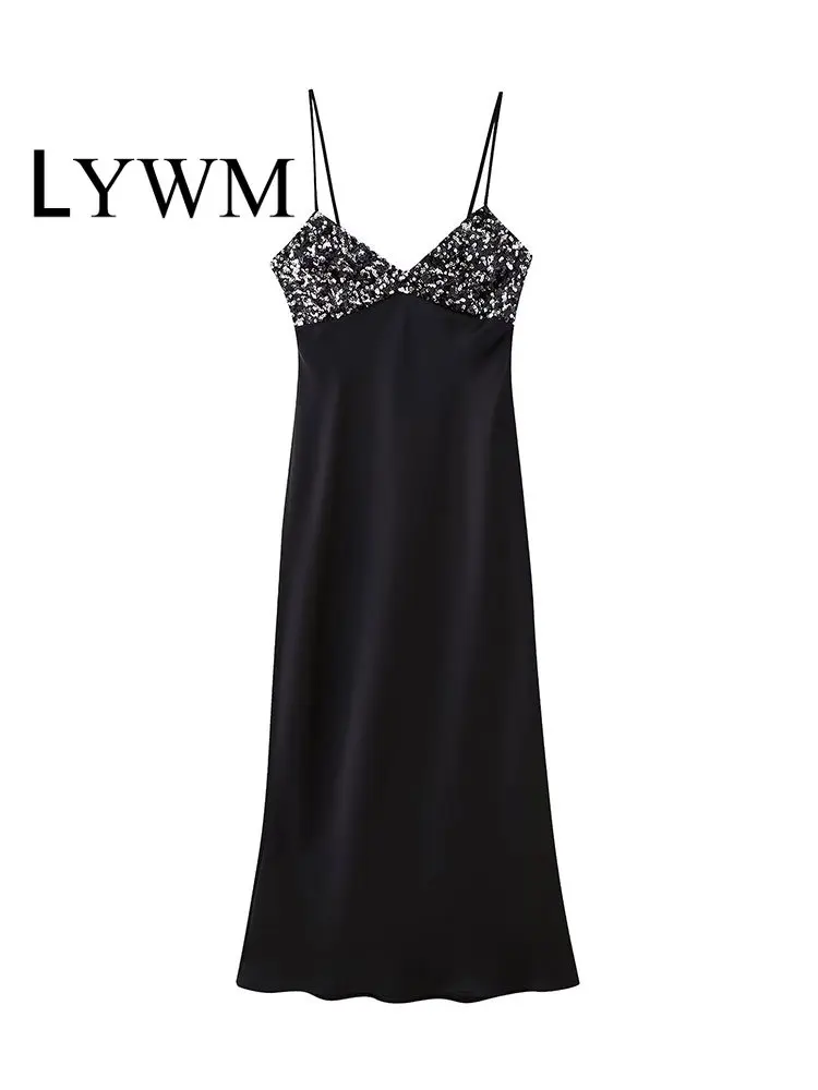 

Модное женское черное платье миди LYWM с блестками, винтажные женские шикарные платья миди на тонких бретелях с вырезом сердечком и боковой м...