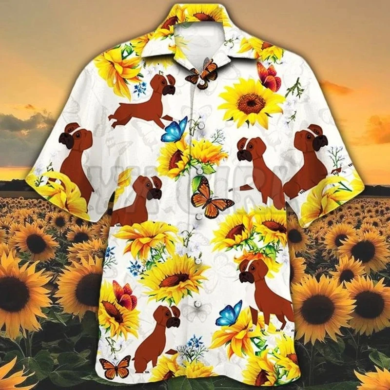 Boxer Dog Cute Sunflower Hawaiian Shirt 3D All Over Printed Hawaiian Shirt Men's For Women's Harajuku Casual Shirt Unisex