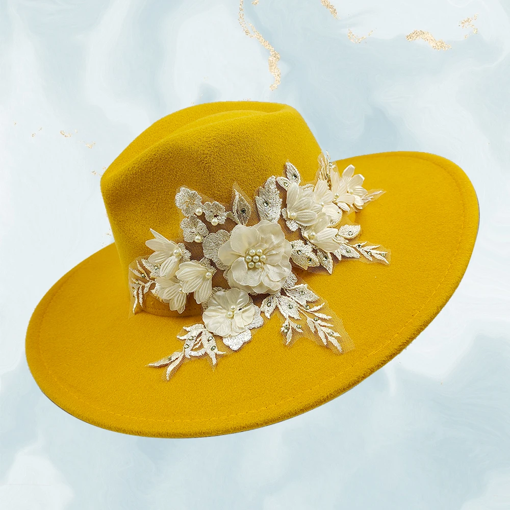 9.5CM Brim Embroidered Three-dimensional Flower Fedora Hat Women's Jazz Cap Spring Autumn Church Fashion Elegant Wedding Hat