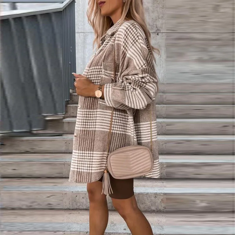 

Fashion High Street Plaid Print Coat Women Autumn Winter Long Sleeve Lapel Outwear Tops Ladies Single Breasted Cardigan Tops