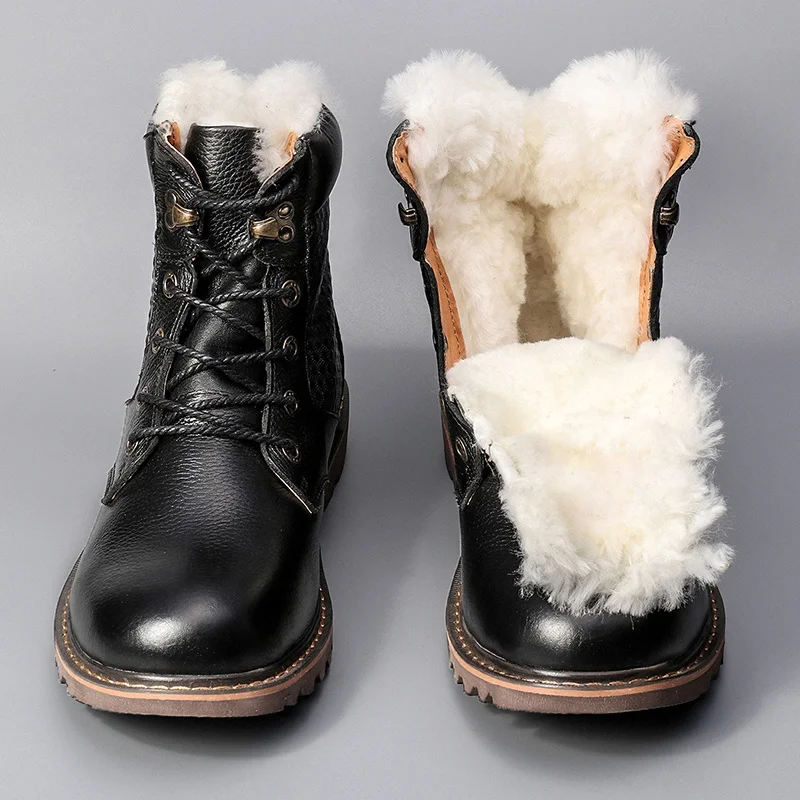 

Size 40-48 Natural Wool Winter Boots Natural Genuine Cow leather Warmest Men Snow Boots #YM1570