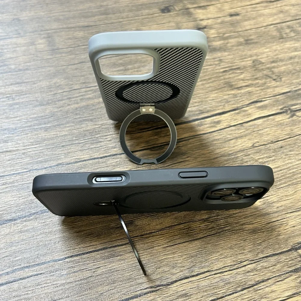 Luxury Magnetic Carbon Fiber Circular Bracket Phone Case For iPhone 16 15 14 13 12 11 Pro Max Plus Foldind Stand Holder Cover