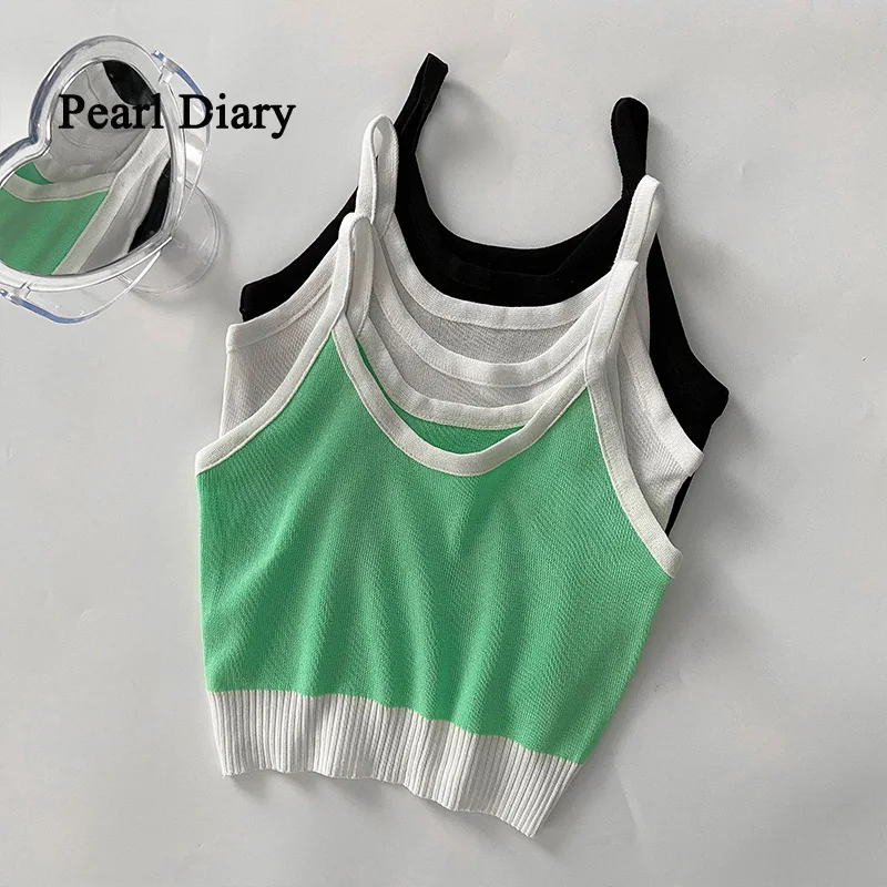

Pearl Diary Women Round Collar Assorted Colors Crop Tops Summer Green Cute Knitiing Sling Vest Sexy Short Thin Top Women