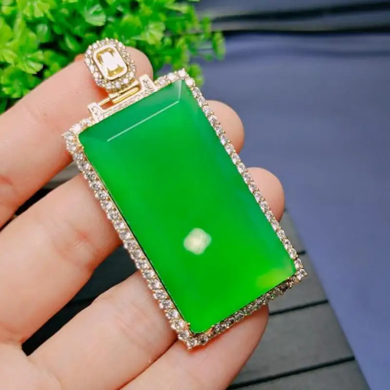 

Luxury Chrysoprase Rectangular Pendant Necklace Women Men Certified Green Jades Stone Charm Jewellery Chalcedony Amulet Gifts