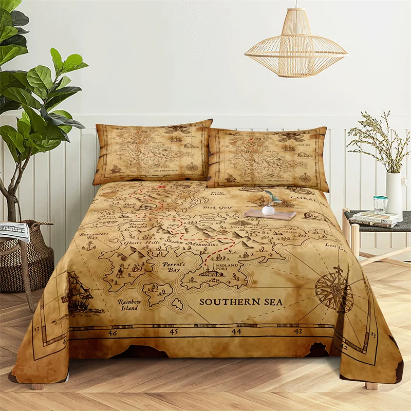 

Treasure,World Map Bedding Sheet Home Digital Printing Polyester Bed Flat Sheet With Pillowcase Print Bed Sheet