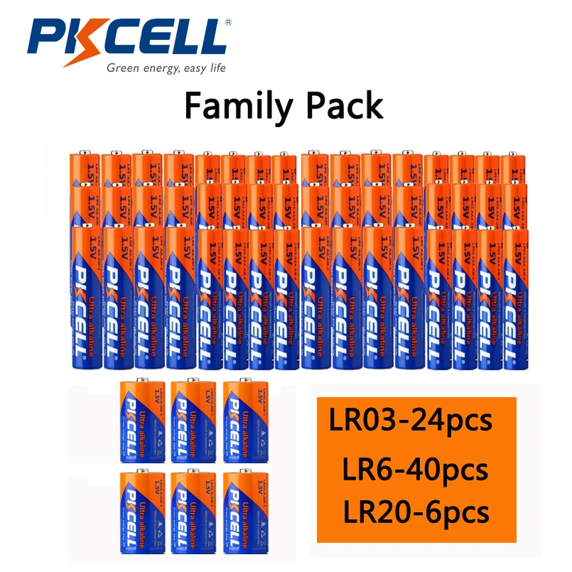 

PKCELL 1.5V Alkaline disposable Battery Family combination for 24pcs LR03+40pcs LR6+6pcs LR20 battery with Household appliant