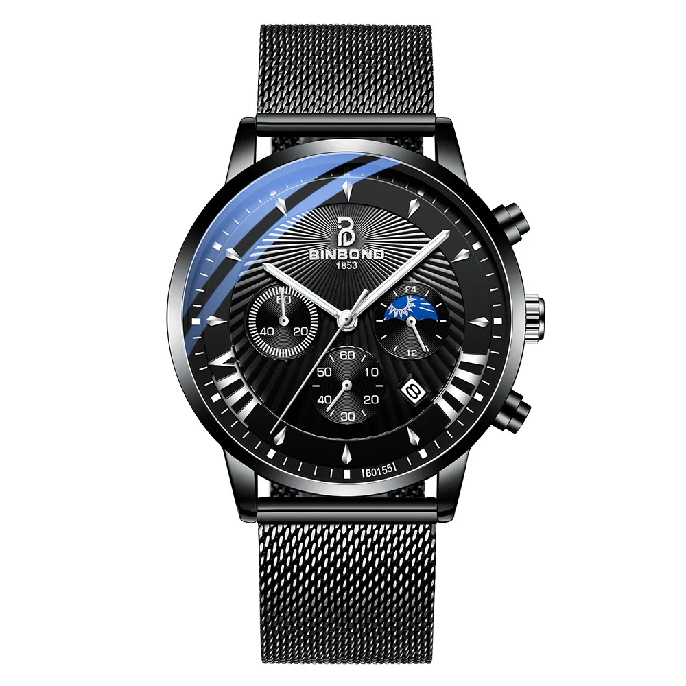 Binbond brand new fashion men's quartz watch 30m waterproof personalized three eye luminous watch second running calendar box