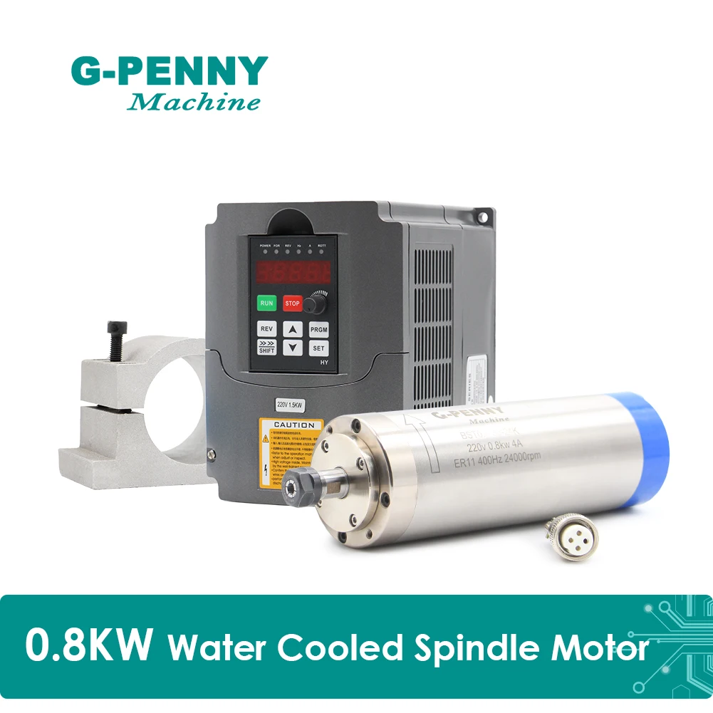 

220V 800w ER11 CNC Water Cooling Spindle Motor 65x195mm 4 Bearings Wood Working & 1.5kw VFD Frequency Driver Speed Control