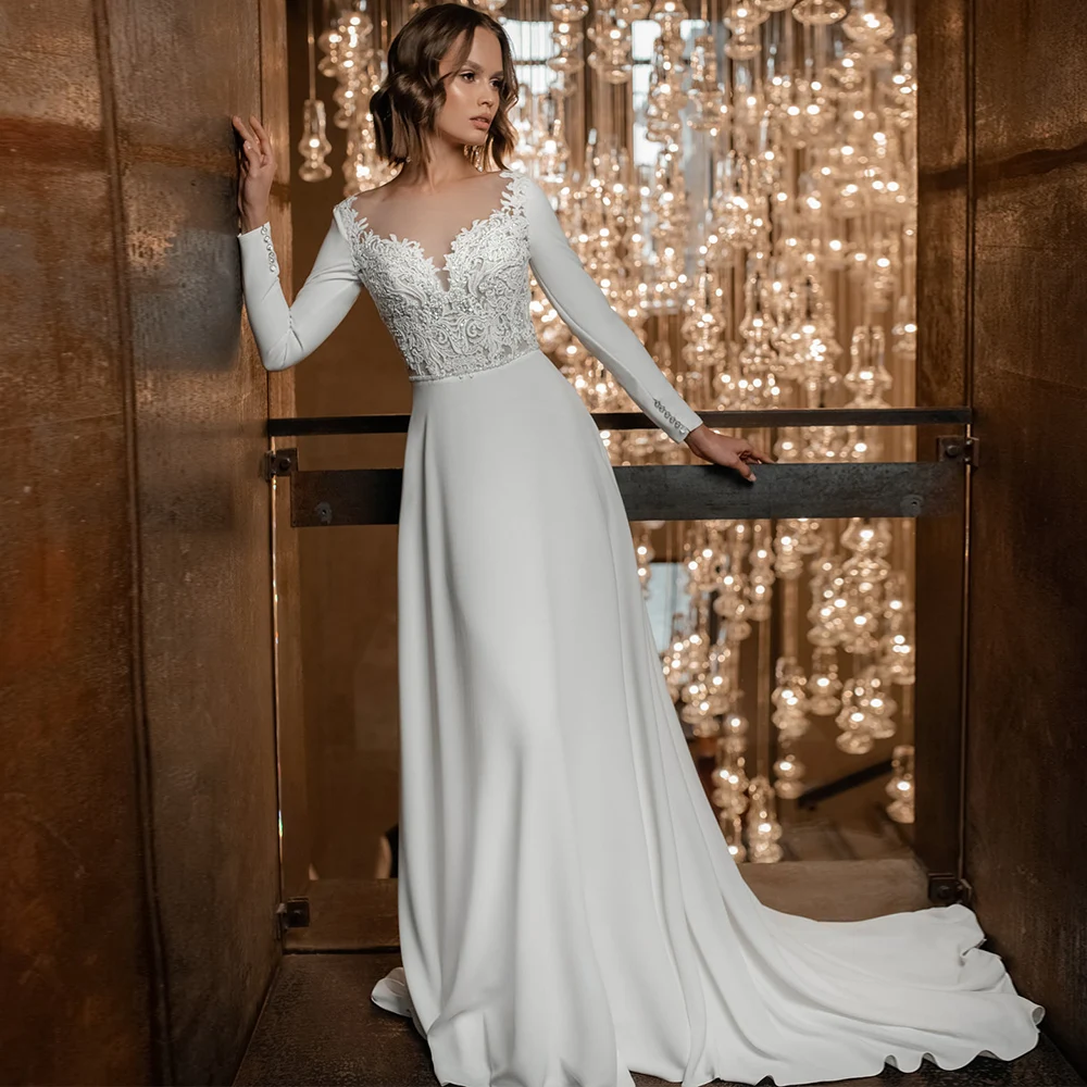 

Long Sleeve A-line Wedding Dresses Illusion Scoop Neck Applique Lace Embroidery Bridal Gown Floor Length Modern Bride Dress