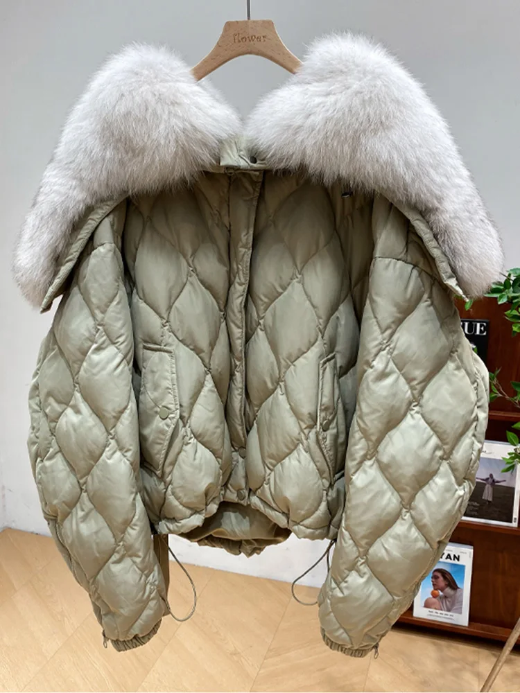 

Lagabogy 2022 Large Real Fox Fur Winter Women 90% White Duck Down Coat Black Green Thick Parka Hooded Female Loose Puffer Jacket