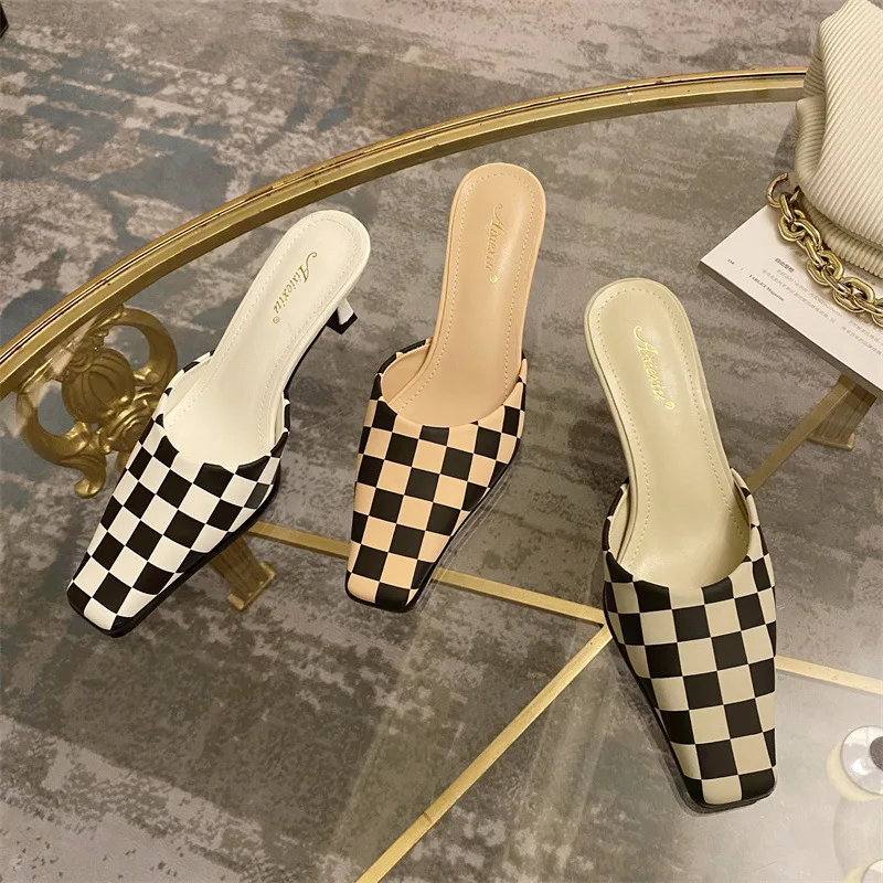 

Шлепанцы женские на низком каблуке, квадратный носок, базовая обувь из искусственной кожи, резина, Нескользящие, римские тапочки, 2022