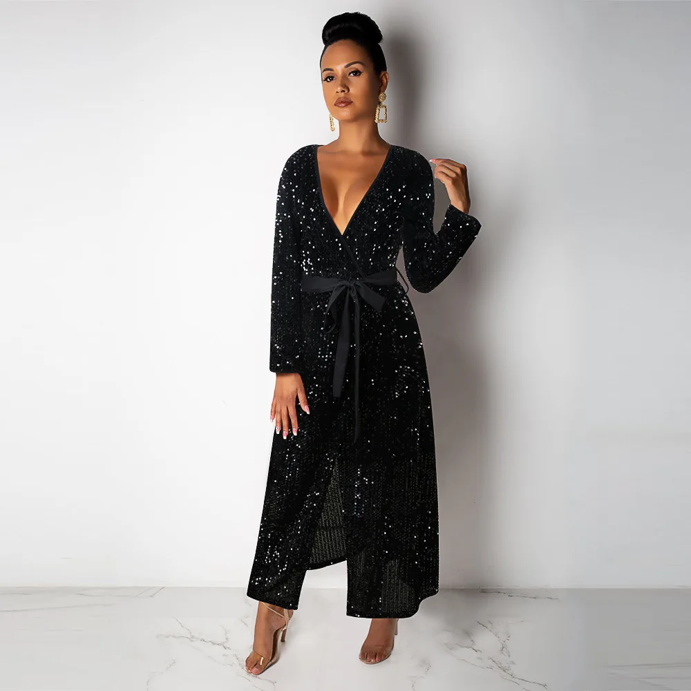 

Пикантное платье с V-образным вырезом и блестками, женская одежда с длинным рукавом, женское платье, Модный облегающий кардиган на шнуровке, ...