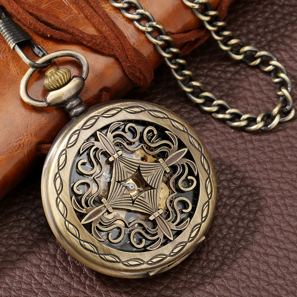 Vintage Bronze Hollow Chinese Knot  Hand Winding Mechanical Pocket Watch Arabic Numerals Dial Luxury Manual Timepiece Fob Chain