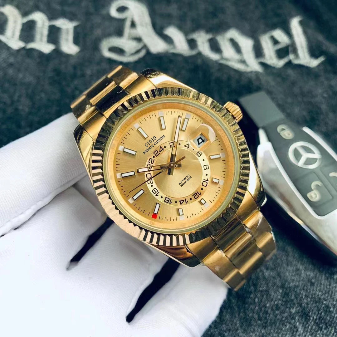 

Luxury Mens Automatic Mechanical Watch Stainless Steel Sapphire Yellow Gold Black Blue Sky