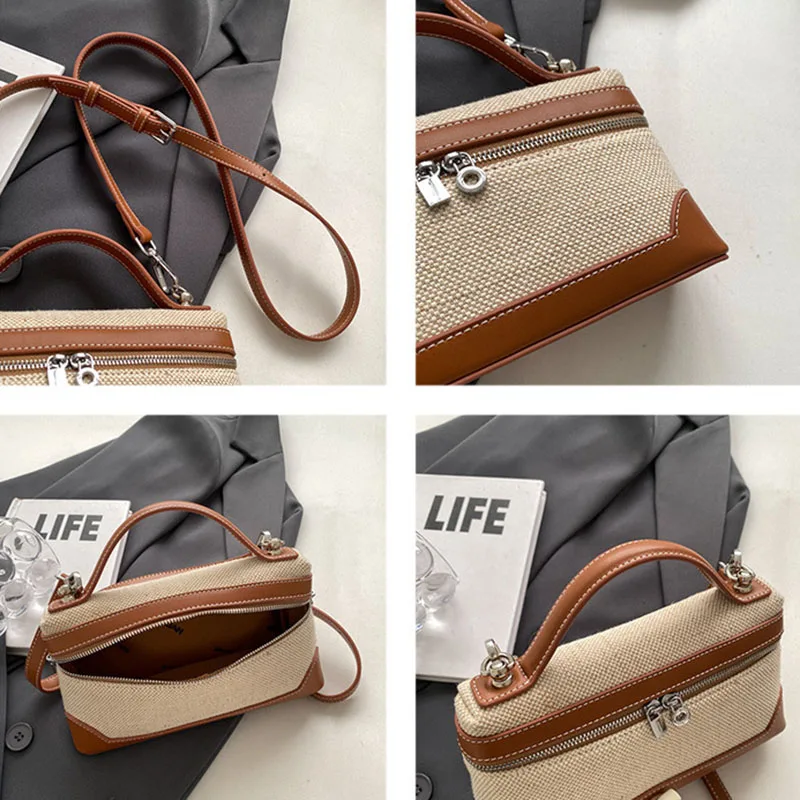 Portable Bucket Box Handbag Canvas Patchwork Fashion Crossbody Bags Ladies' Commuter Phone Storage Shoulder Bag Versatile Simple