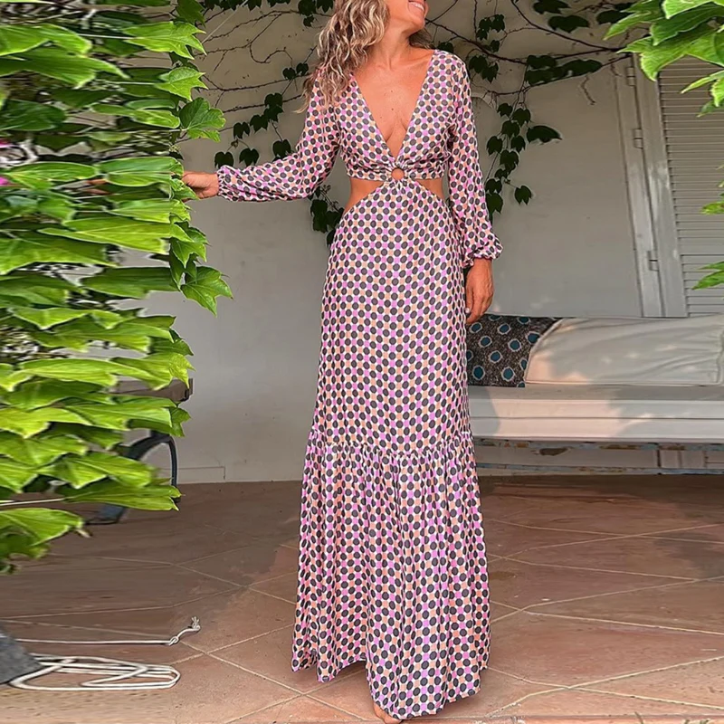 

Женское асимметричное платье с открытой спиной, элегантное платье с принтом в богемном стиле, длинное платье с глубоким V-образным вырезом и высокой талией, осень