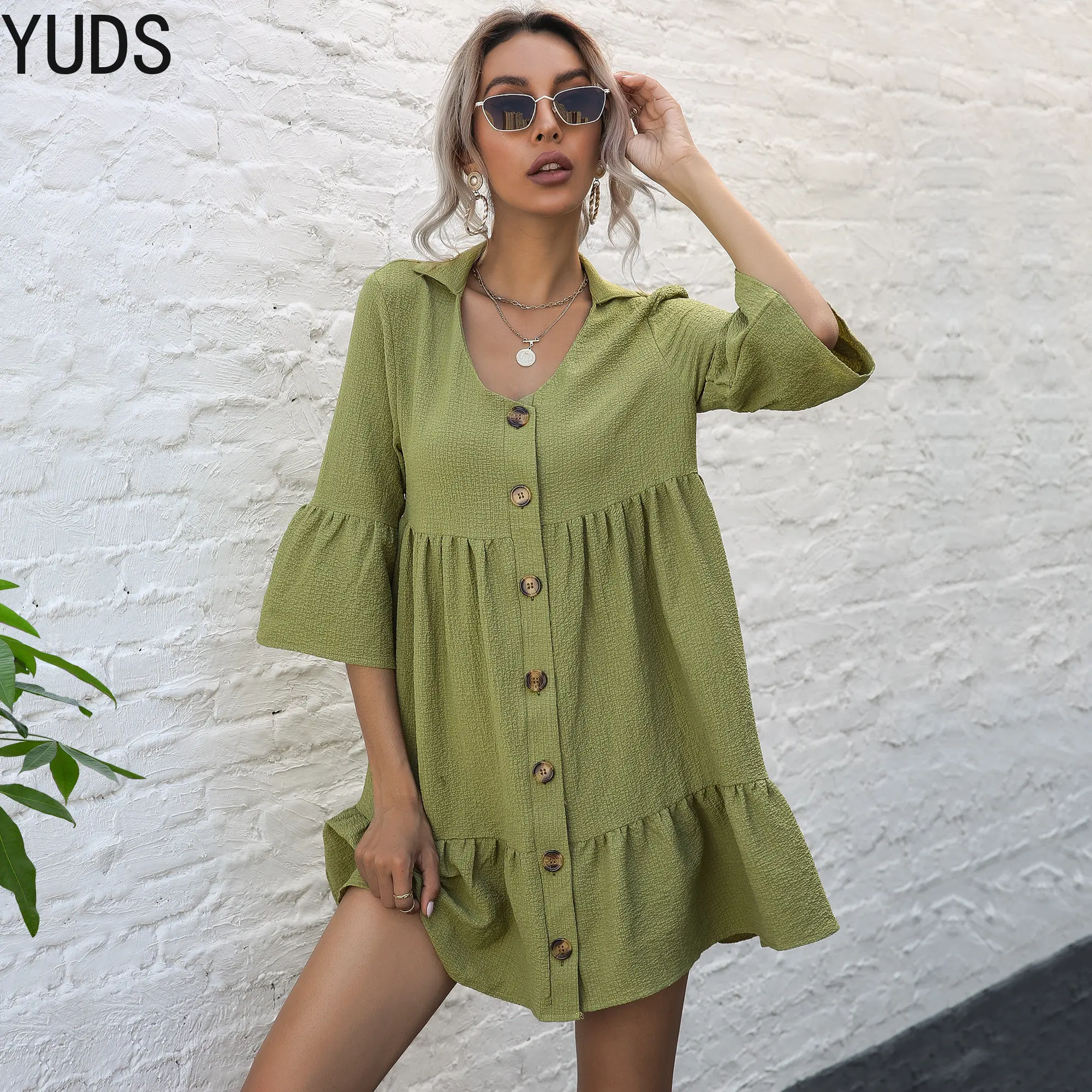 

Fashion Loose Mini Dress Women Summer Half Sleeve High Waist Solid Sundress Casual Button Woman Shirt Dresses Holiday Long Tops