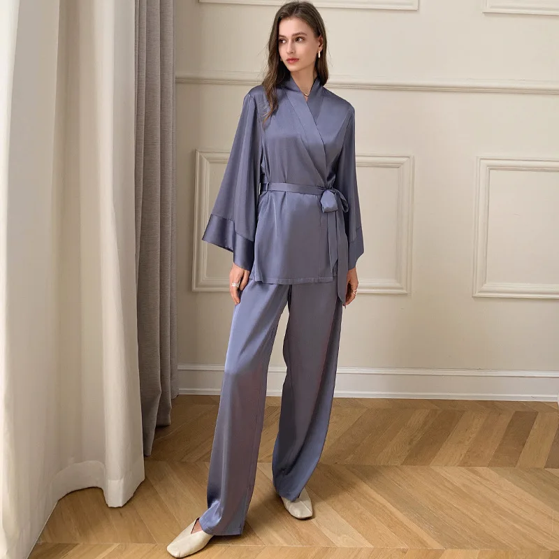 Women Robes with Sashes Set Wrist Sleep Tops Satin Pants Loose Pajamas Casual Sleepwear Female Home Suits