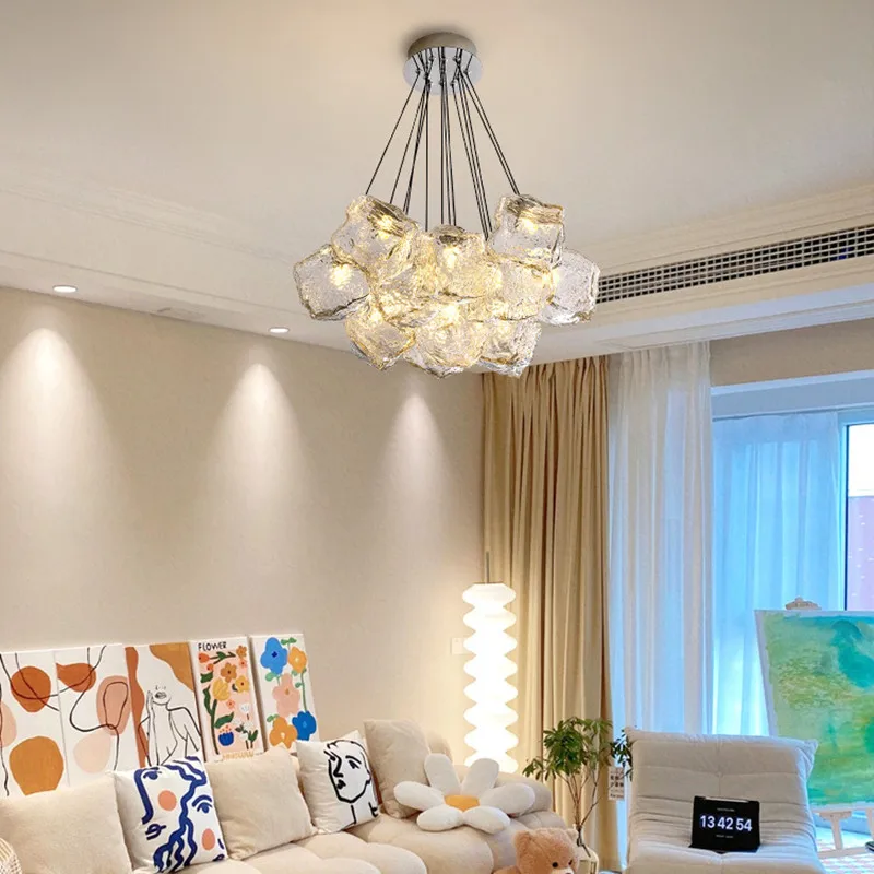 

Led Art Chandelier Pendant Lamp Light Room Decor New Cream Style G9 Living Modern Irregular Glass Shades Chrome Iron home decor
