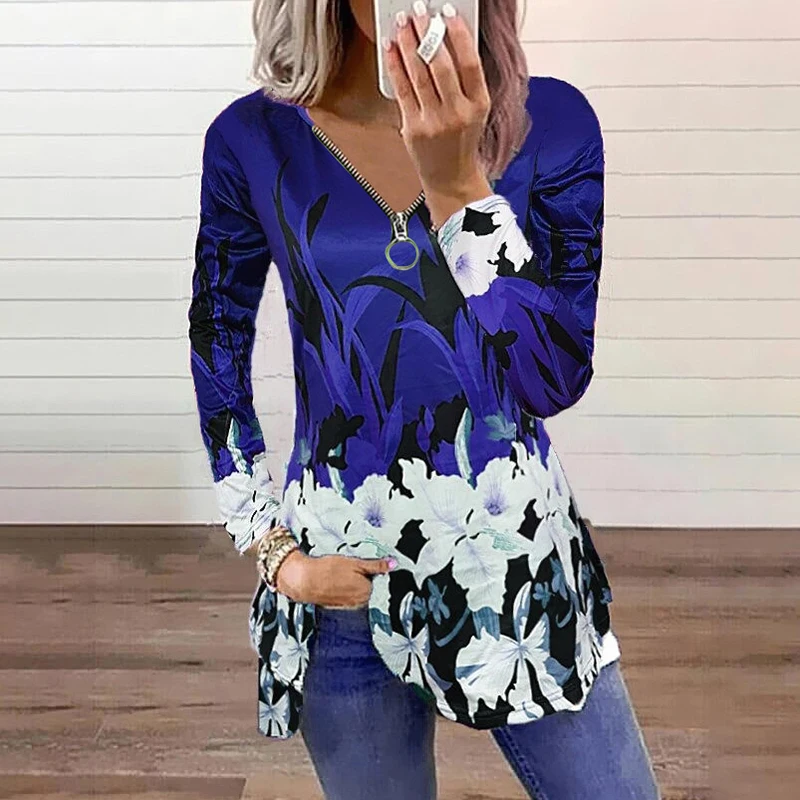 

Women Casual V-neck Pullover Long Sleeve Tops Fashion Spring High Street Blusas Vintage Zip Loose Printed Flowers Blouses Shirts