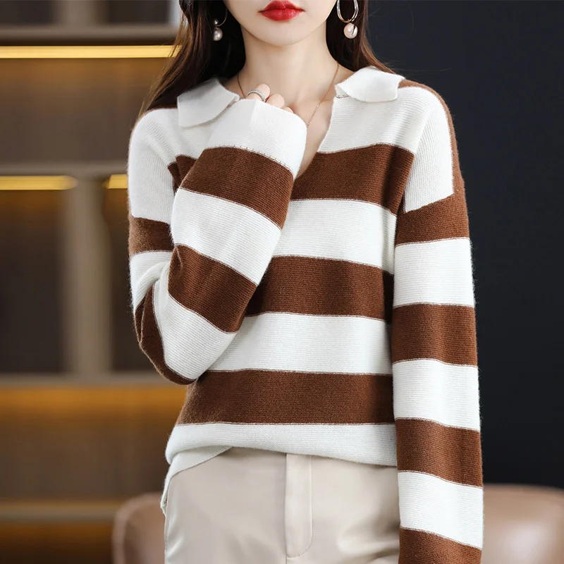 

100% Merino Wool Sweater Women's Striped Lapel Sweater 2023 Spring and Autumn New Pullover Loose Casual Fashion Korean Version