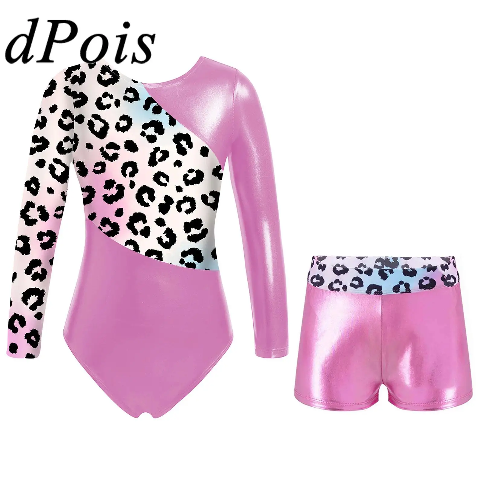 

Детский гимнастический костюм с леопардовым принтом, с длинным рукавом и шортами