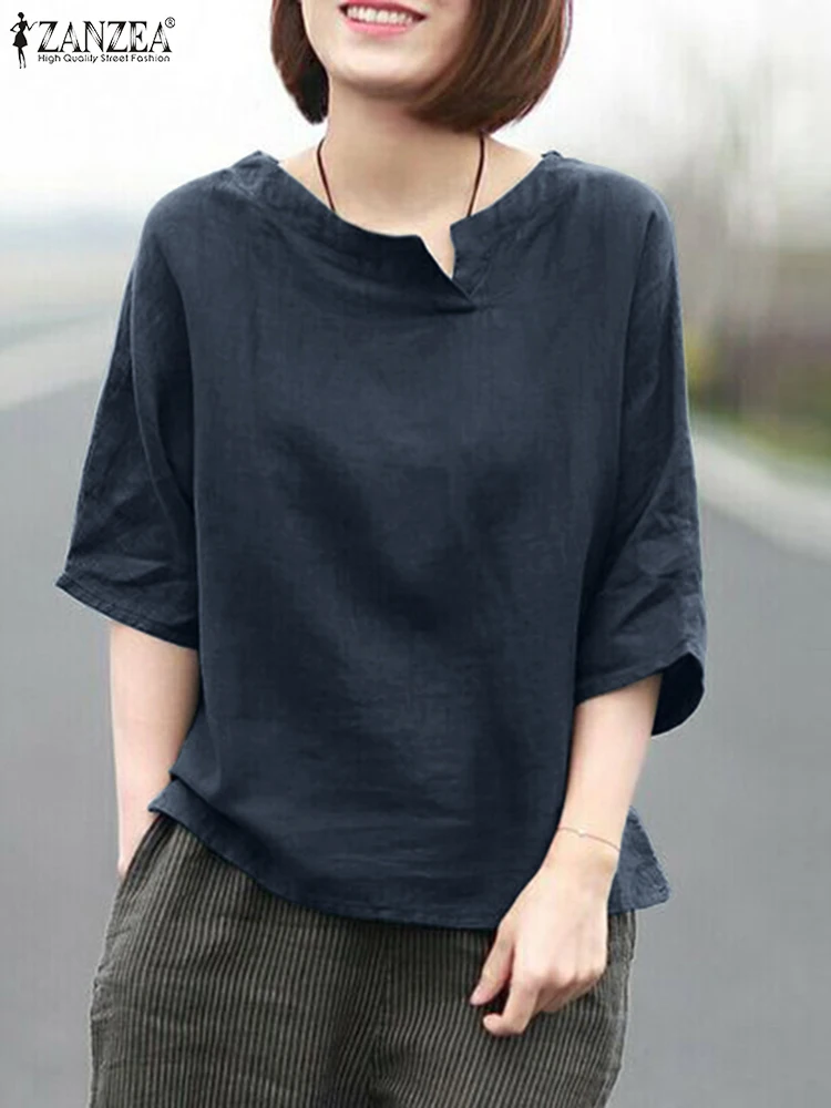 

2023 ZANZEA Woman Casual Cotton Shirt Summer Stylish Women's Blouse 3/4 Sleeve O-Neck Tops Femme Elegant Street Chemise Oversize