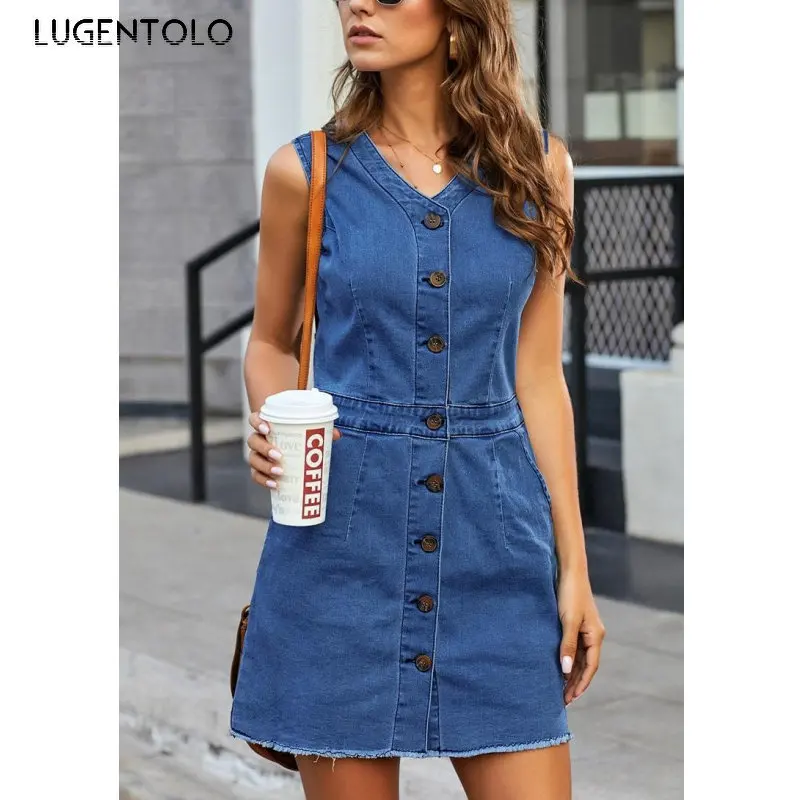 

Женское джинсовое платье без рукавов, тонкое летнее однобортное синее повседневное модное простое мини-платье с V-образным вырезом, Lugentolo