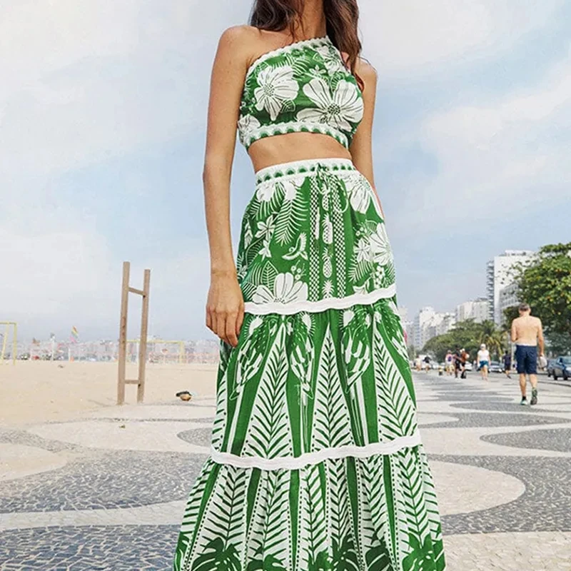 

Green Printed Sexy One Sholuder Swimsuit and Skirt High Waist Bikini Chiffon Elastic Elastic Beach Skirt Trendy Elegant