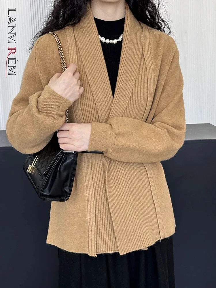 

[LANMREM] Solid Knitting Cardigan Coats For Women Long Sleeve Office Lady Warm Outwear Female Tops 2023 Winter New 26D7544