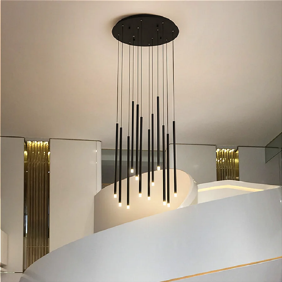 

Modern Staircase Chandeliers Lighting Golden Black LED Round Tube Chandeliers, Used For Spiral Staircase, Hotel Lobby, Club Hall