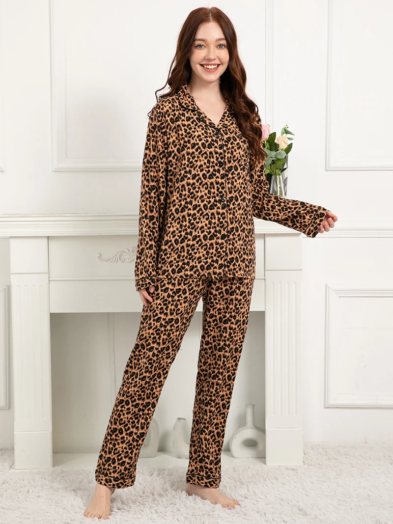Plus Size S-3XL Leopard Print Women's Home Clothes 2 Piece Sets Loose Long Sleeve Pajamas Female Casual 100% Viscose Sleepwear