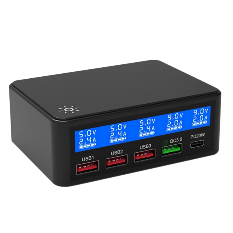

Multi USB Charger PD20W 5-Port LED Display Wall Quick Charger 3.0 Fast Charger Desktop Charging Station-US Plug