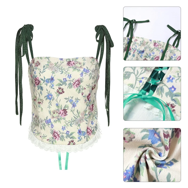 

Floral Bustier Crop Top Lace Up Tank Tops Bow Suspenders Womens Camisole Tank Tops Backless Bustier Sexy Crop Corset