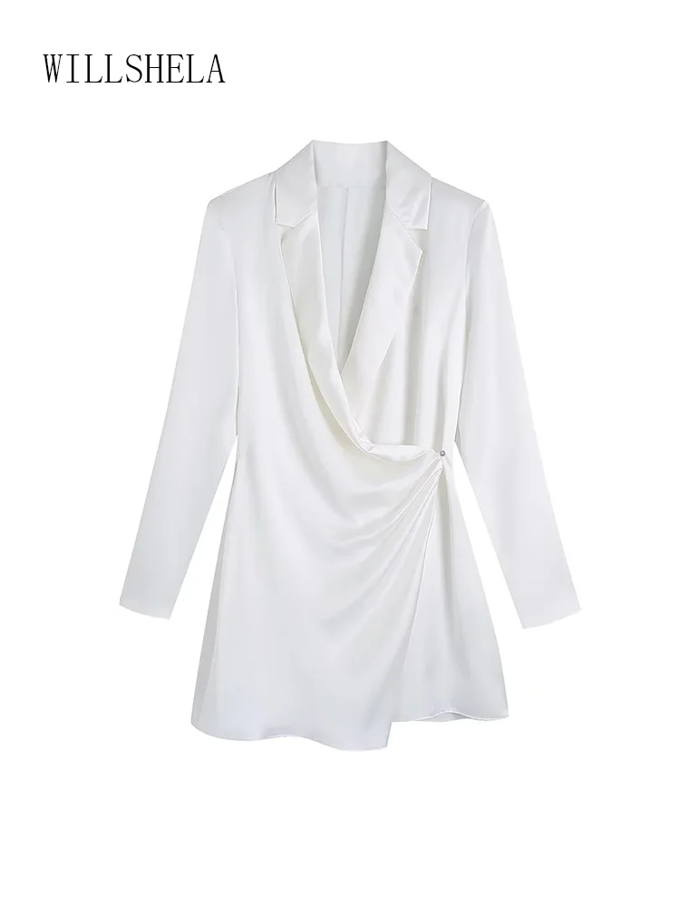 

Willshela женское модное шелковое однотонное мини-платье на одной пуговице винтажные женские шикарные платья с длинным рукавом и V-образным выр...