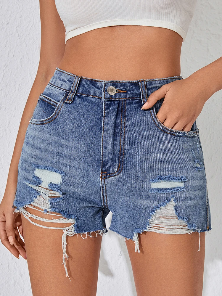 Streetwear Women Hole Frayed Raw Hem Blue Denim Shorts Spring Summer Female Retro High Waist Jeans Shorts Bottoms