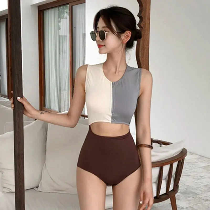 

Women Swimsuit 2022 Korean Breasts Gathered Conservative One-Piece Covering Belly Bikini Slimming High Waist Hot Spring Swimwear