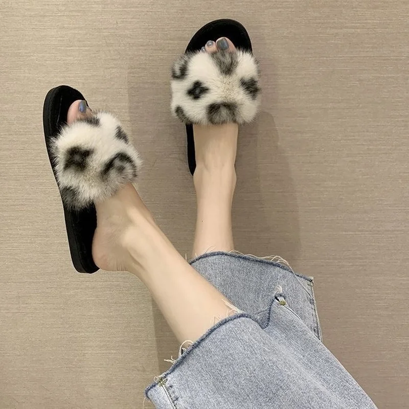 Cotton slippers 2022 autumn and winter new Korean version of the net red printing word flat bottom casual hairy slippers women