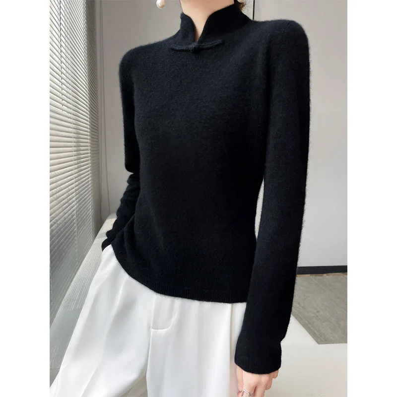 Autumn And Winter Vintage Style 100 Pure Woolen Sweater Women's Chinese Style Cheongsam Collar Pullover Sweater Free Of Charge