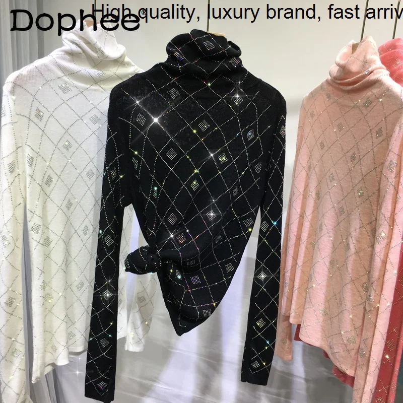 

Bottoming Hot Rhinestone Shirt Women's Winter Long Sleeve Slimming Turtleneck Sweater Ladies Inner Wear Knitted Jumper Pullover