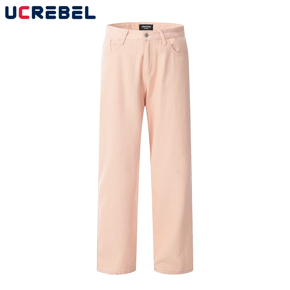 

Однотонные простые джинсовые брюки, Мужская Уличная одежда, свободные прямые штаны, мужские брюки с широкими штанинами