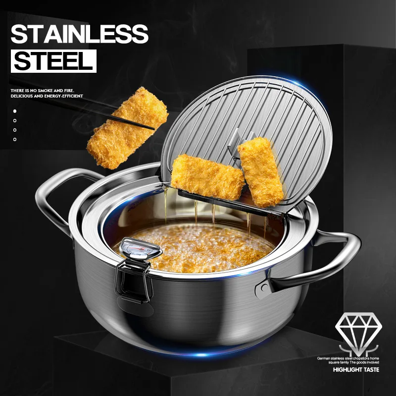 

Japanese Deep Frying Pot with a Thermometer and a Lid 304 Stainless Steel Kitchen Tempura Fryer Pan 20 24 cm