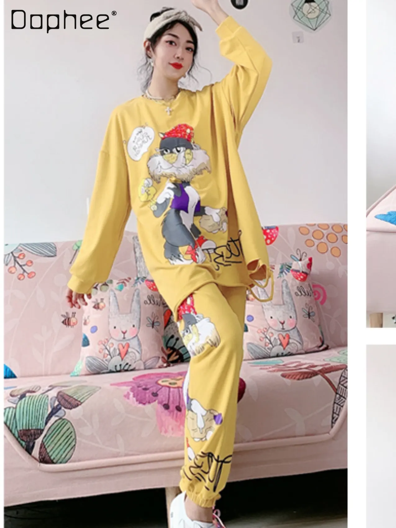 

2023 Spring and Autumn New Fashion Brand Beaded Sequins Cartoon Ripped Crew Neck Pullover Sweatshirt Sweatpants Two-Piece Set