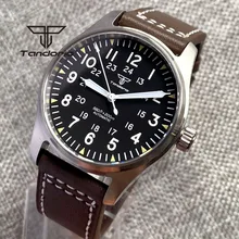 Tandorio 39mm 200m NH35A Automatic Dive Pilot Men Watches Sapphire Glass Green Luminous Dial Leather Strap Screw Crown