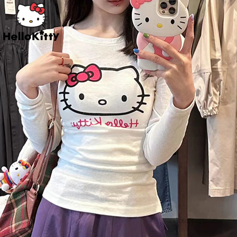

Sanrio Hello Kitty Long Sleeve T-shirt Women Spring Cute Slim Tops Y2k Korean Style Clothes New Cartoon Vintage Casual Tee Shirt