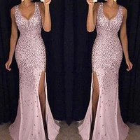 rocwickline new summer and autumn womens ball dress sexy club sequined solid v neck sheath elegant celebrities vintage dress